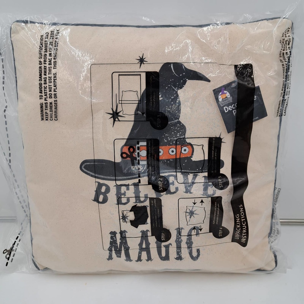 Believe in Magic 18" x 18" Linen look Decorative Pillow Halloween Witch Hat